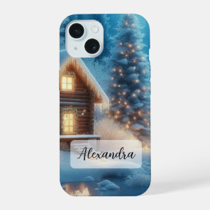 Coque iPhone 15 Rivière gelée, Cabine douillet, Neige, Pins