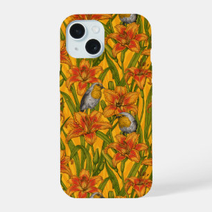 Coque iPhone 15 Robins et fleurs de lys, orange et vert