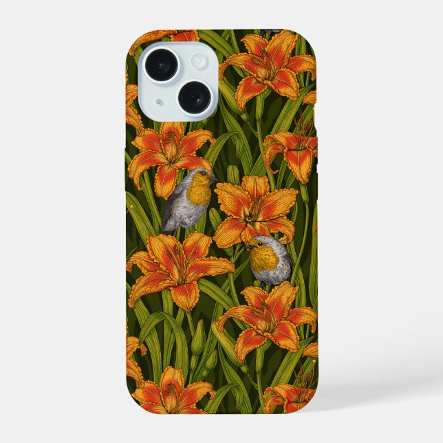 Coque iPhone 15 Robins et fleurs de lys, orange et vert foncé (Verso)