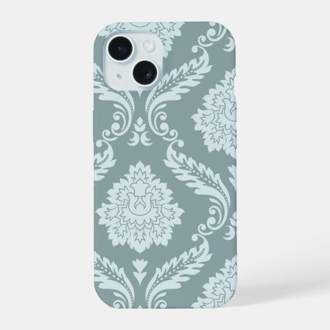 Coque iPhone 15 Rococo Damask Art I Duck Egg Blue+Teal (Verso)