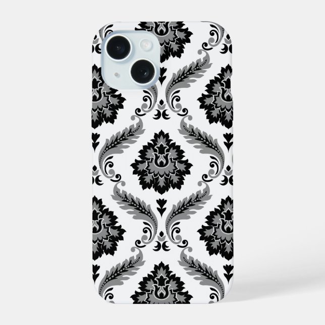 Coque iPhone 15 Rococo Damask Pattern Grey Black White (Verso)
