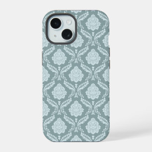 Coque iPhone 15 Rococo Damassé Rpt Motif Œuf de Canard Bleu+Turquo