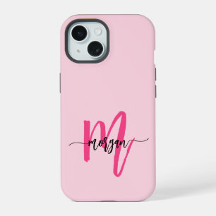Coque iPhone 15 Rose Chaud Moderne Écriture Féminine Monogramme No