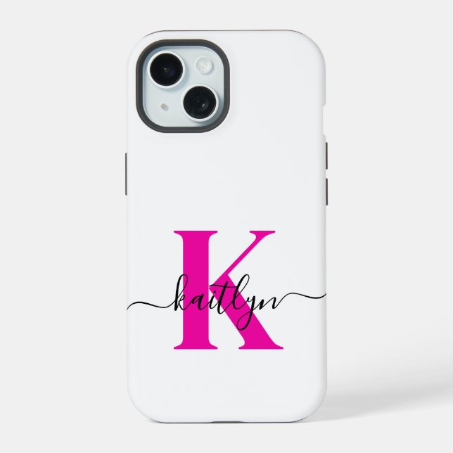 Coque iPhone 15 Rose Chaud Noir Initial Nom Monogrammé (Verso)