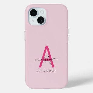Coque iPhone 15 Rose Chaude Monogramme Féminin Moderne en Écriture