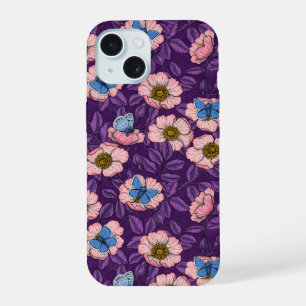 Coque iPhone 15 Rose de chien et papillons en rose et violet