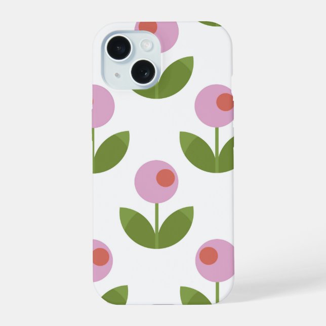 Coque iPhone 15 Rose et vert floral géométrique (Verso)