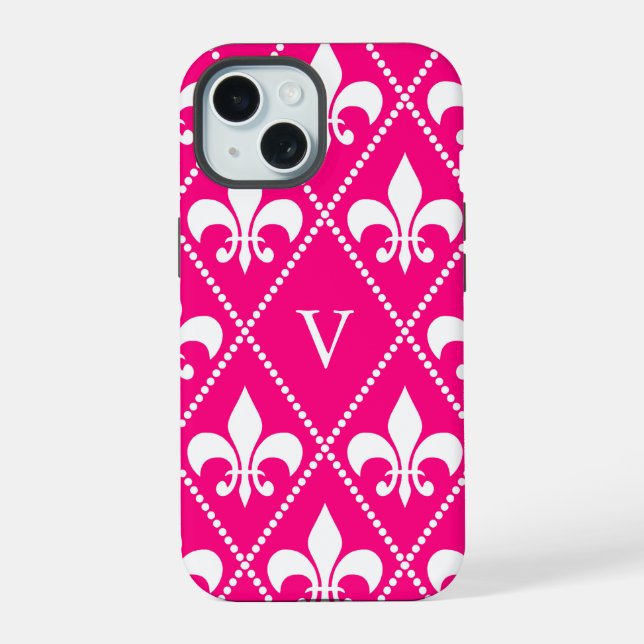 Coque iPhone 15 Rose Fleur de Lis avec monogramme (Verso)