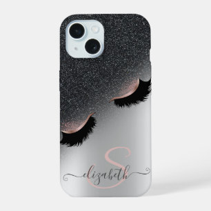 Coque iPhone 15 Rose Gold Faux Lashes Parties scintillant noire Om