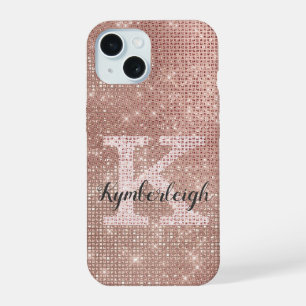 Coque iPhone 15 Rose Gold Glam Glitter Monogramme Nom Féminin