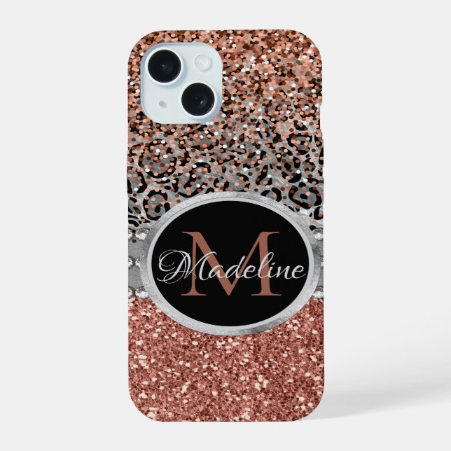 Coque iPhone 15 Rose Gold Pailleté Stylé Féminin Monogramme Léopar (Verso)