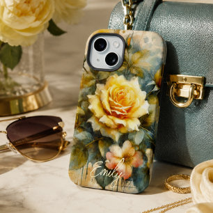 Coque iPhone 15 Rose jaune pâle shabby chic vintage nom personnali