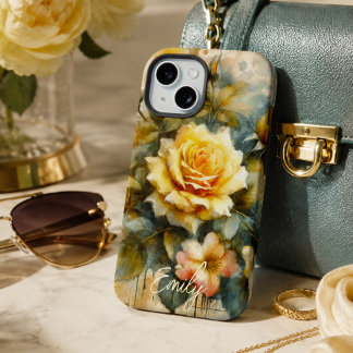 Coque iPhone 15 Rose jaune pâle shabby chic vintage nom personnali