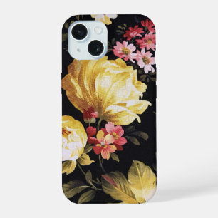 Coque iPhone 15 Rose jaune sur noir