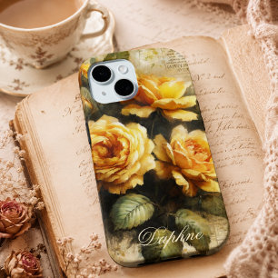 Coque iPhone 15 Rose jaune vintage shabby chic nom personnalisé