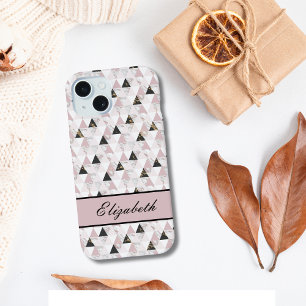 Coque iPhone 15 Rose Monogramme Or Géométrique Marbre Noir Blanc
