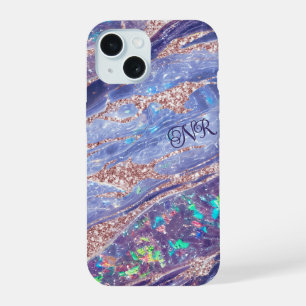 Coque iPhone 15 Rose Parties scintillant or violet Opal Gem Marbre