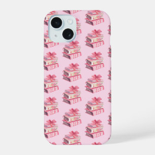Coque iPhone 15 Rose poudrée aquarelle bow lecture amour girly