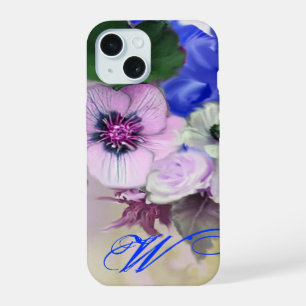 COQUE iPhone 15 ROSES BLANCHES BLEUES ET FLEURS ANÉMONE MONOGRAMME
