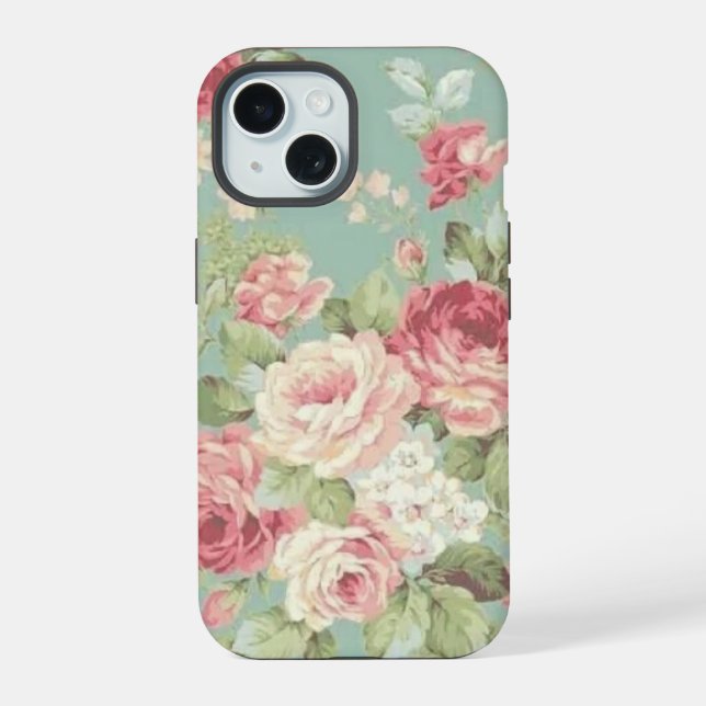 Coque iPhone 15 Roses de chou rose sur arrière - plan aqua (Verso)