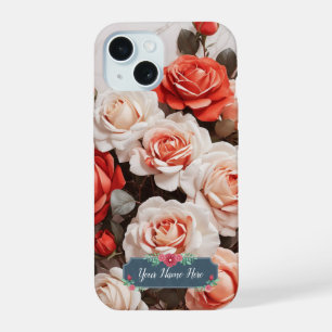 Coque iPhone 15 Roses Fleurs Roses Rouges sur Marbre Blanc