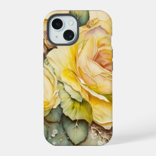 Coque iPhone 15 Roses géants jaunes et verts