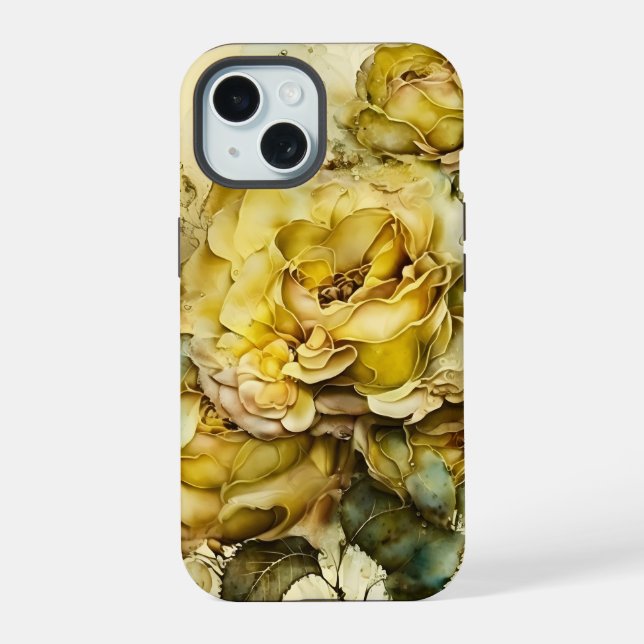 Coque iPhone 15 Roses géants jaunes et verts (Verso)