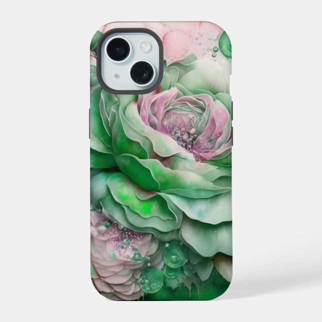 Coque iPhone 15 Roses géants verts et roses (Verso)