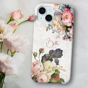 Coque iPhone 15 Roses & Iris Personnalisés Vintage Rustique