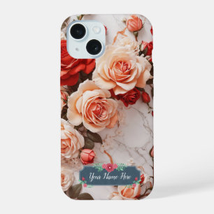 Coque iPhone 15 Roses Péches Romantiques sur Marbre Blanc Élégant