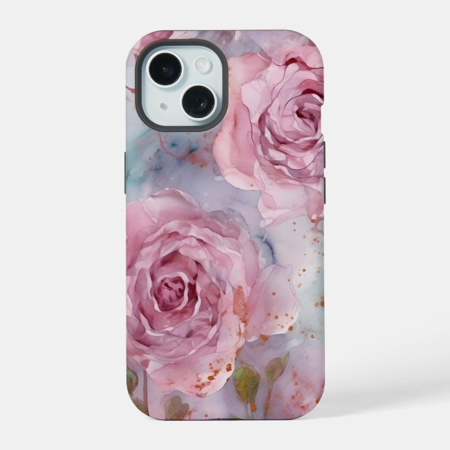 Coque iPhone 15 Roses rose et bleu (Verso)