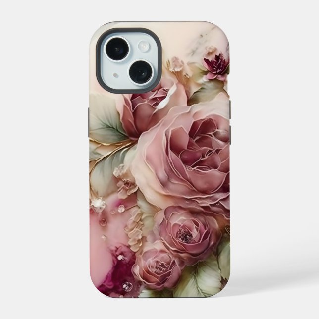 Coque iPhone 15 Roses roses et ivoire  (Verso)