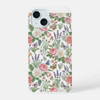 Coque iPhone 15 Roses roses pastel et papillon lavande vintage F