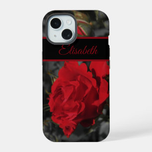 Coque iPhone 15 roses rouges défilent sur fond gris foncé