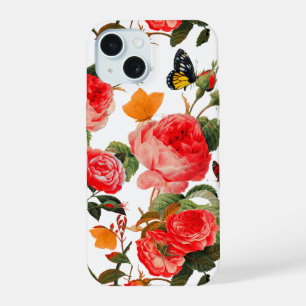 Coque iPhone 15 ROSES ROUGES, PAPILLONS JAUNES Fleurs blanches