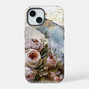Coque iPhone 15 Roses vintage shabby branchées sur papier déchiré