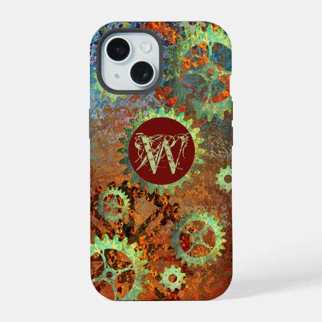 Coque iPhone 15 Rouage Cranté Industriel Steampunk avec Monogramme (Verso)
