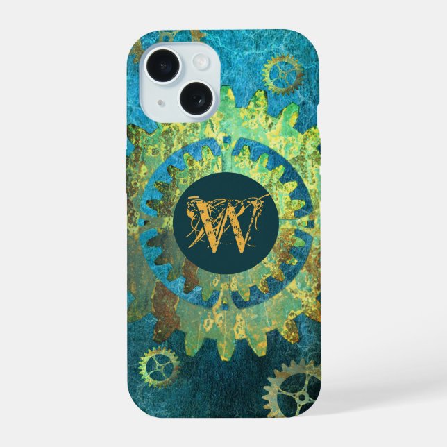 Coque iPhone 15 Rouage Cranté Rouillé au Vert-de-Gris Steampunk av (Verso)