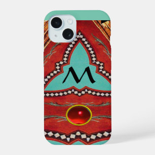 COQUE iPhone 15 ROUGE BLEU MONOGRAMME TRIANGLE GÉOMÉTRIQUE ABSTRAI