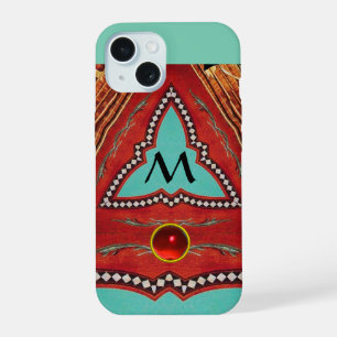COQUE iPhone 15 ROUGE BLEU MONOGRAMME TRIANGLE GÉOMÉTRIQUE ABSTRAI