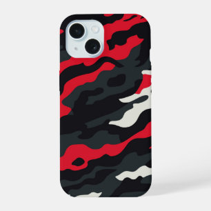 Coque iPhone 15 Rouge Noir Gris Blanc Camouflage Camo Motif