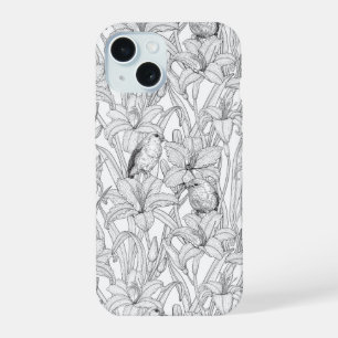 Coque iPhone 15 Rouges-gorges et fleurs de lys, noir et blanc