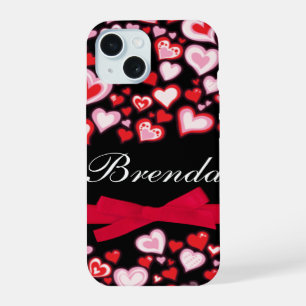 Coque iPhone 15 Ruban de coeurs rouge rose et noir nom