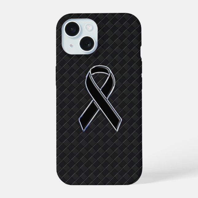 Coque iPhone 15 Ruban de sensibilisation noir de style Chrome (Verso)