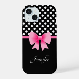 Coque iPhone 15 Ruban rose points noirs et blancs Nom