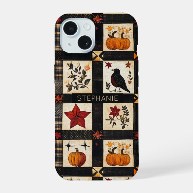 Coque iPhone 15 Rustic Fall Quilt Motif | Patchwork agricole (Verso)