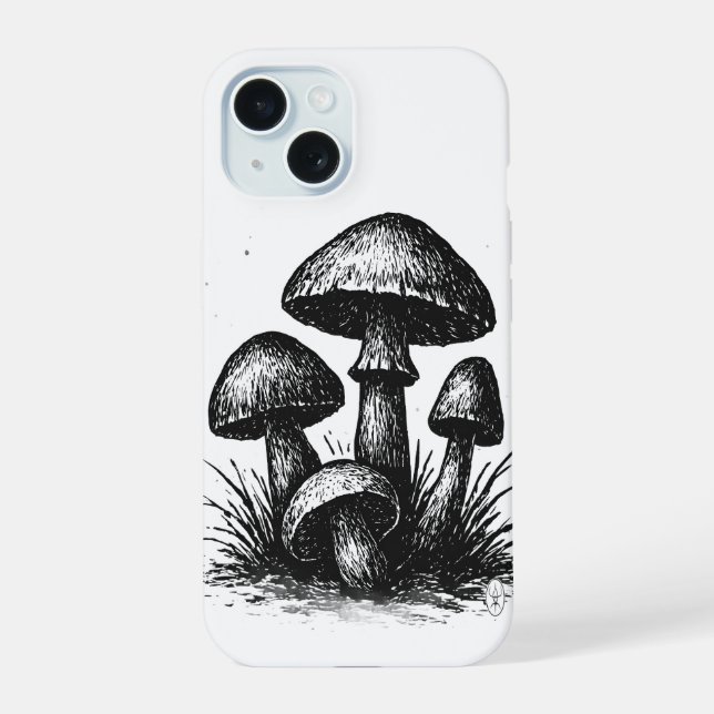 Coque iPhone 15 Sac à main à motif de champignons dessinés à l'enc (Verso)