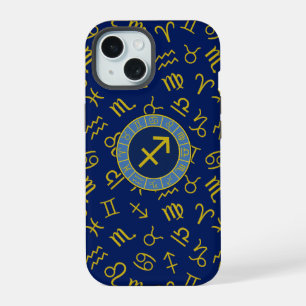 Coque iPhone 15 Sagittaire Zodiac+Astrologie Symboles Ptn Gld+Blue