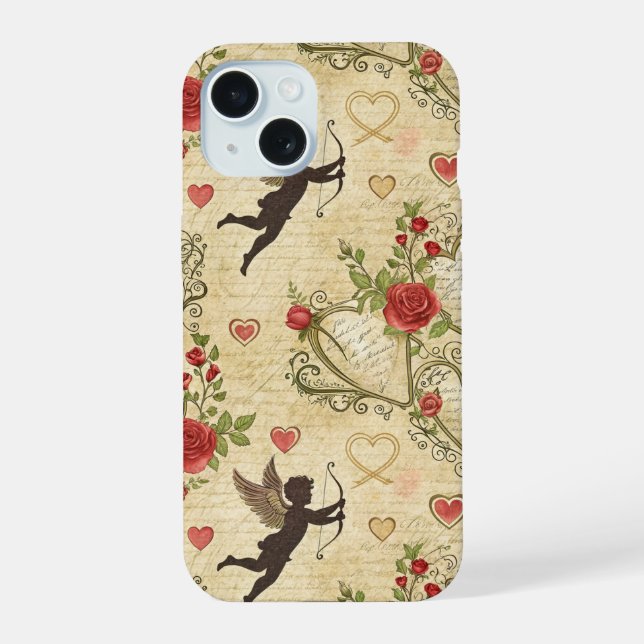 Coque iPhone 15 Saint-Valentin Calligraphie Victorienne Cupidon Ro (Verso)