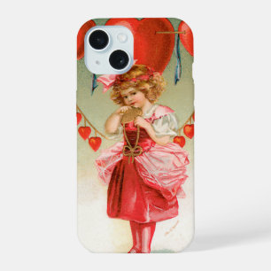 Coque iPhone 15 Saint-Valentin vintage, fille victorienne avec des